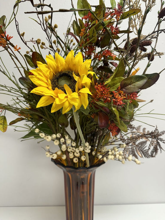 Fall Floral Arrangement in Amber Vase