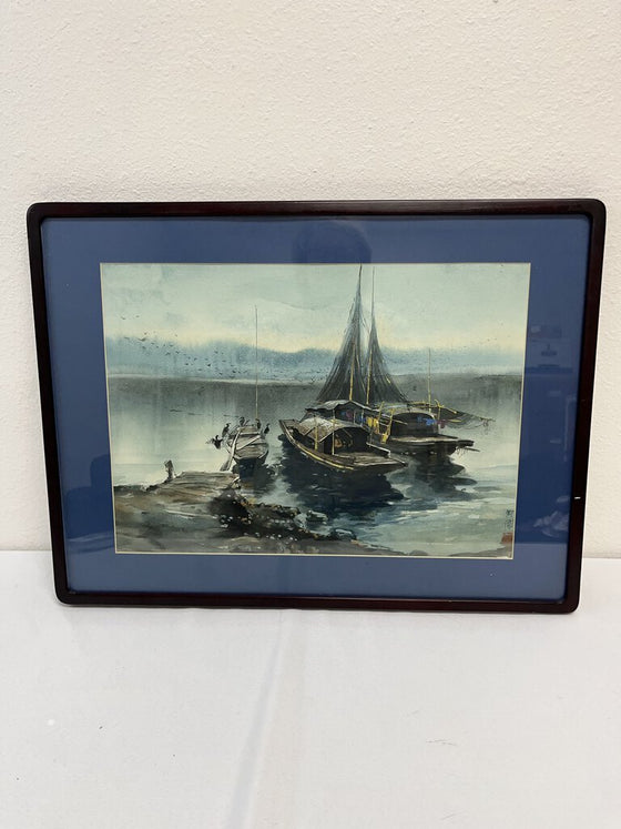 Asian Fishing Sailboat Landscape Framed Art