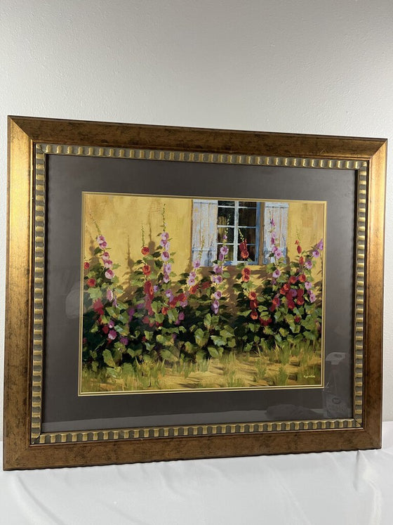 Blue Shutters with Hollyhocks Framed Art